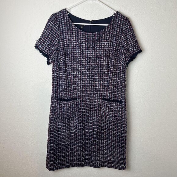 Talbots Dress Womens 14 Navy Multicolor Tweed Short Sleeve Shift Lined Back Zip - Picture 1 of 8